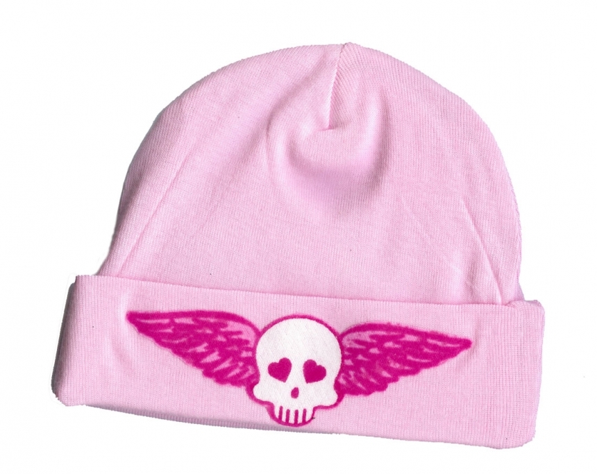 Pink Skull with Wings Baby Skull Cap by mamamonkey, Hats
