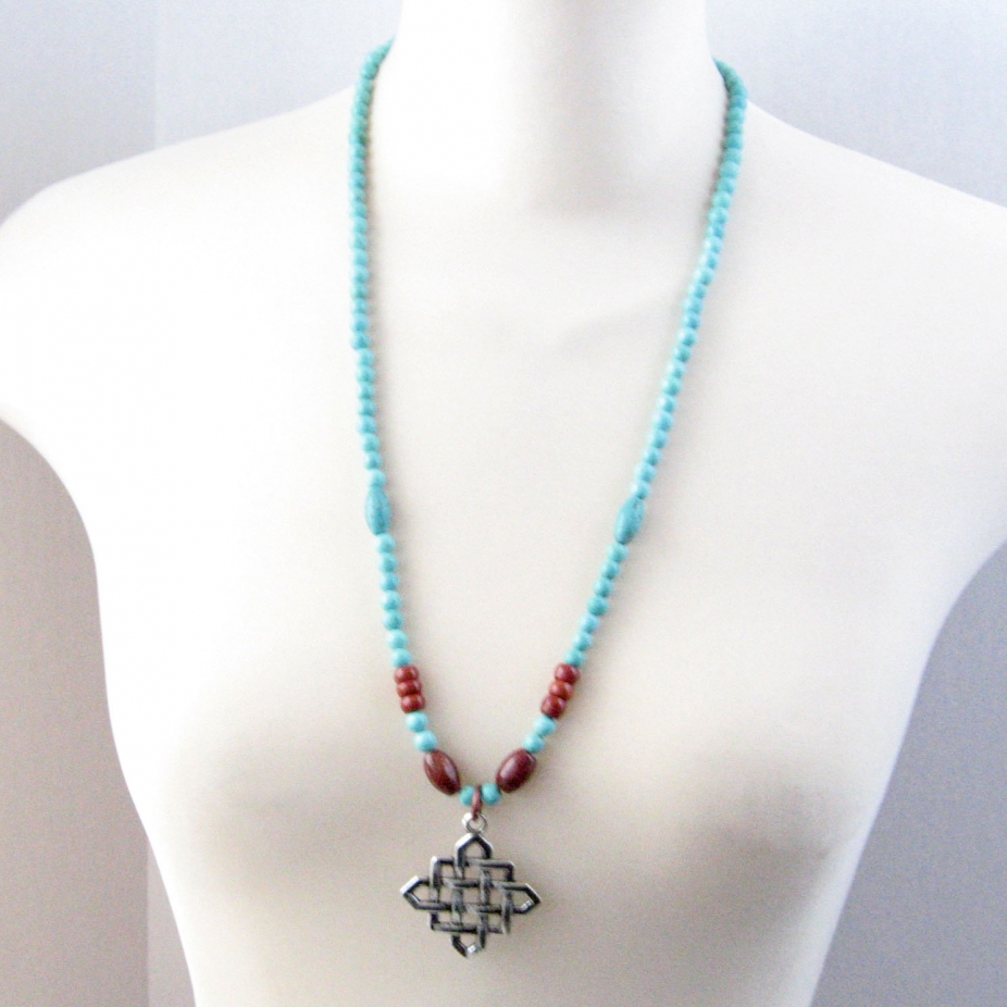 Handmade Necklace Long Turquoise Magnesite Celtic Knot Pendant