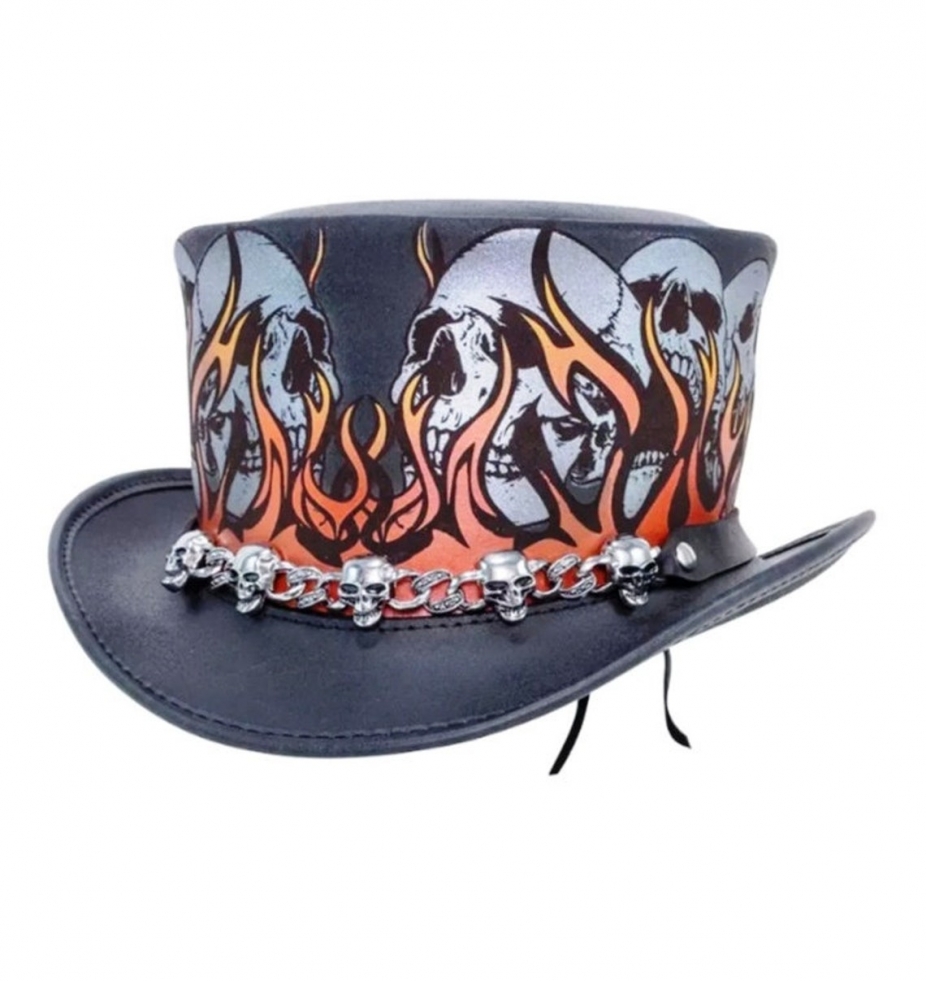 Burning Hell, Skulls And Flames Printed Top Hat With Skulls Chain