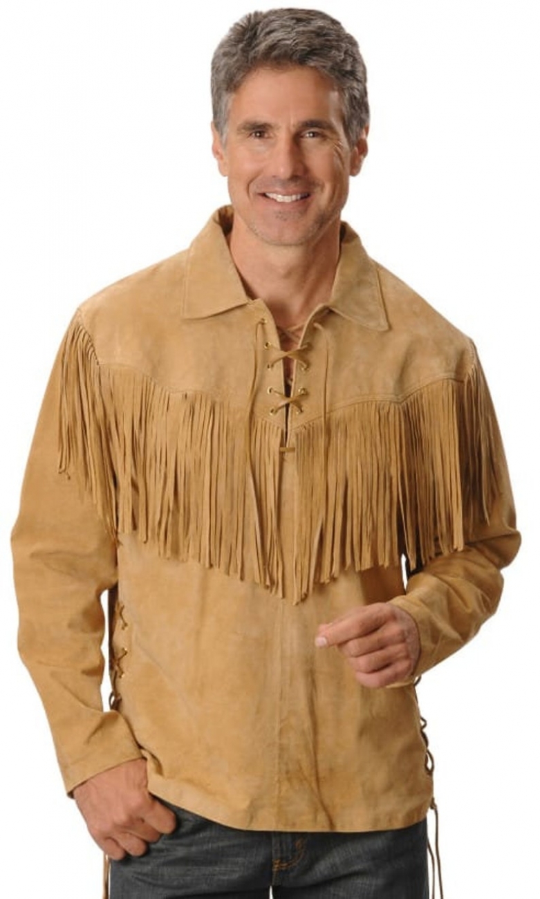 Men's Fringed Cowhide Suede Leather Long Sleeve Western Shirt