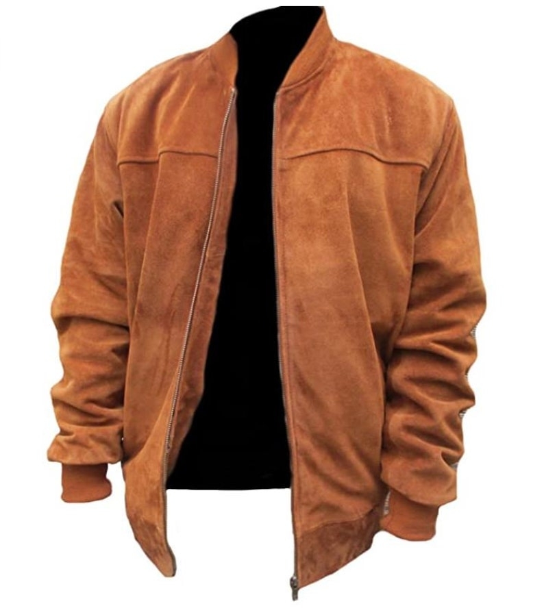 Men's Brown Bomber Jacket - Handmade Slim Fit from Premium Cowhide Suede...