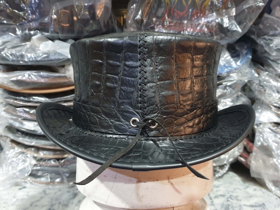 Leather Top Hat - Crocodile Eye Band - Distressed Wax Crocodile Plated - Handmade with 100% Cowhide Leather - Gift for Him 2024 - New with Tags