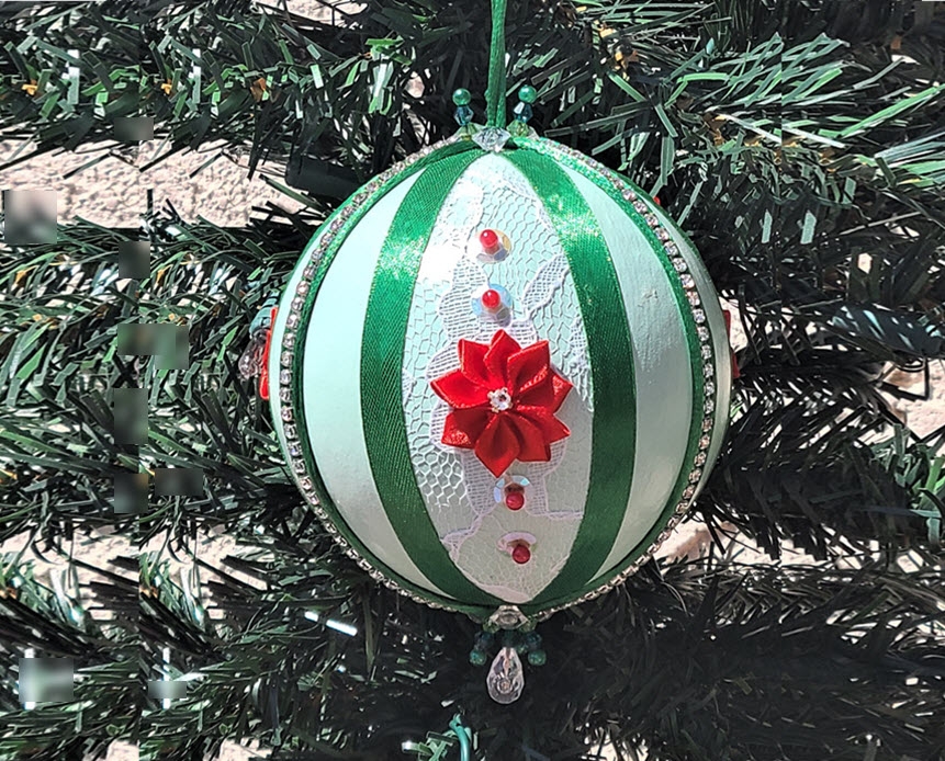 Victorian Christmas Ornament Satin Poinsettia, Green&Red Large