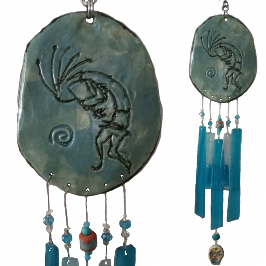 Kokopelli Ceramic & Glass Wind Chime Turquoise
