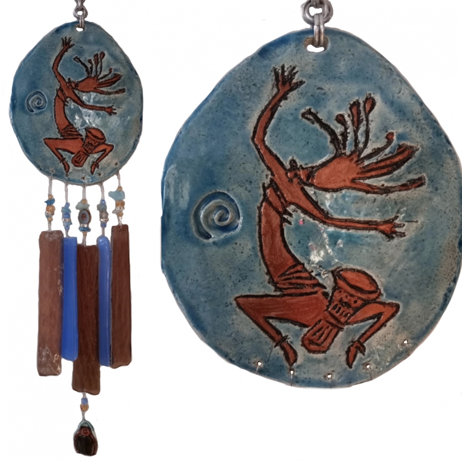 Kokopelli Glass & Ceramic Wind Chime Blue Bronze