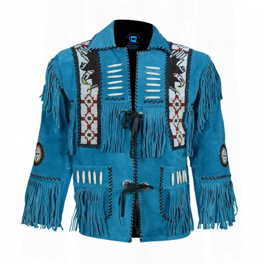 Native Western American Cowboy Aqua Blue Suede Leather Coat