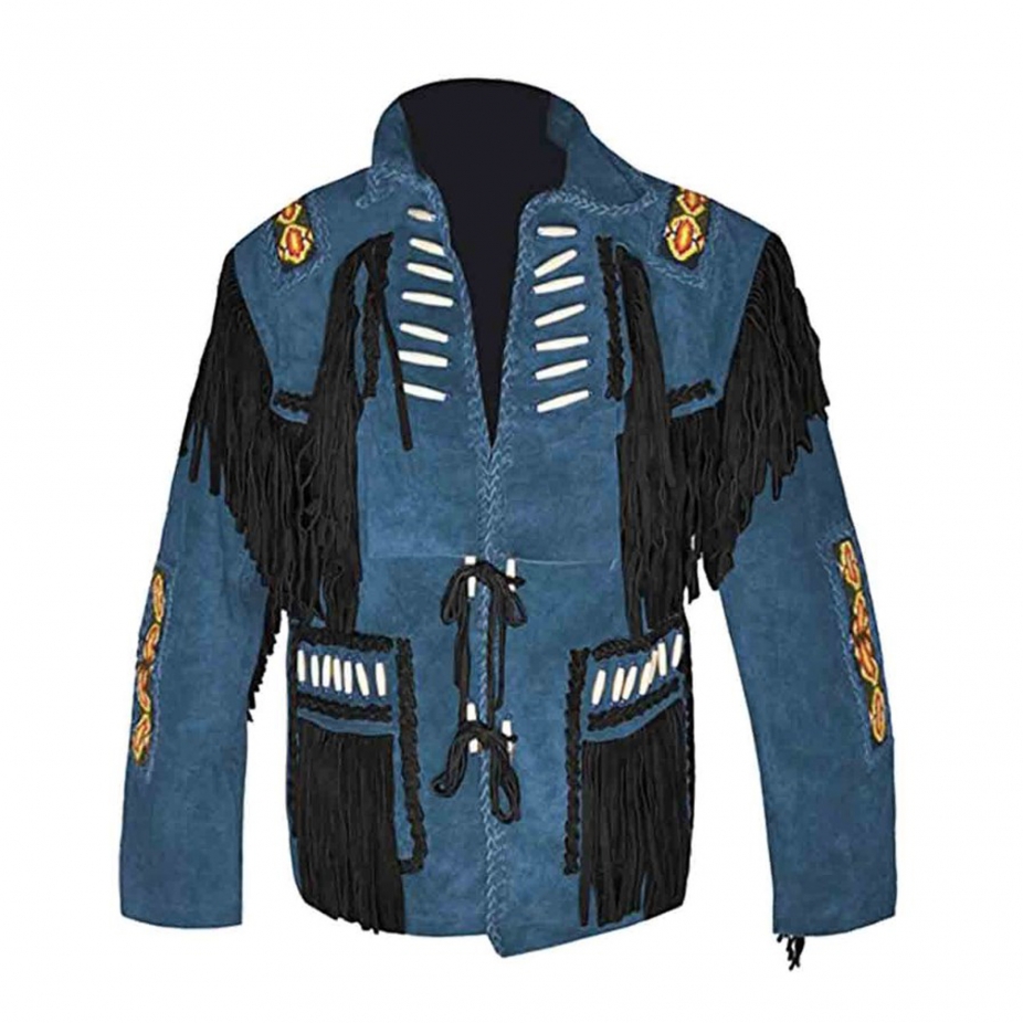 Native Western American Cowboy Blue Suede Leather Coat