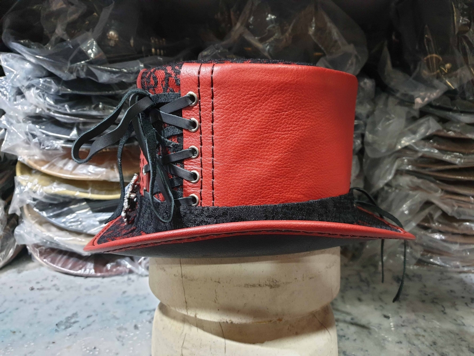 Top Hat Steampunk Red Coat Style & sale Leather Top Hat Sprocket Band Vintage Old Look