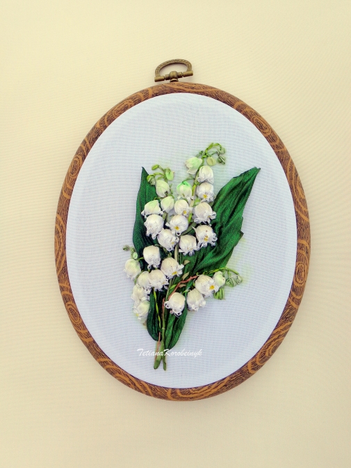 Hoop ribbon embroidery Lilies of the valley Ribbon embroidery