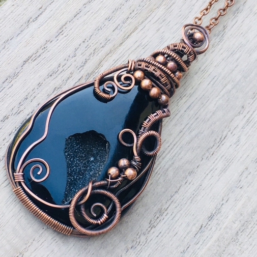 Copper Wire wrapped pendant necklace - Black druzy onyx and copper wire...