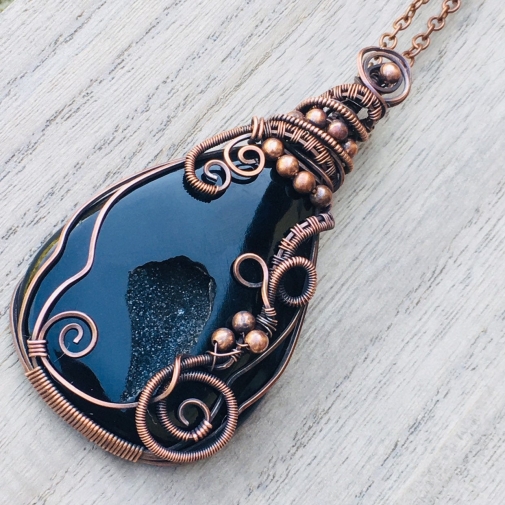 Copper Wire Wrapped Pendant Necklace - Black Druzy Onyx And Copper Wire...