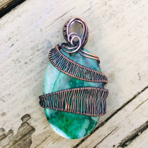 Wire wrapped pendant necklace Green onyx druzy Agate copper wire wrapped...