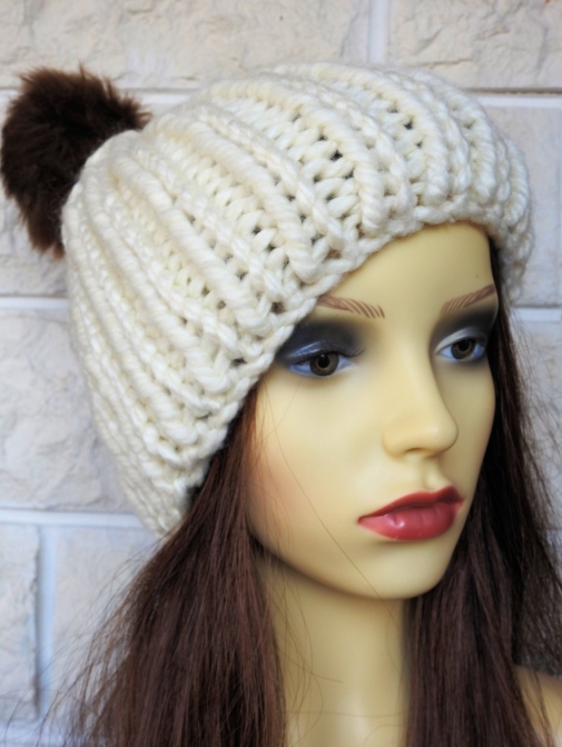 Women' Cream Knitted Hat With A Brown Pom POm - Free Shipping