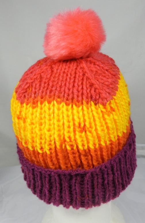 Hand Knitted Women's Striped Winter Hat With A Pink Pom Pom