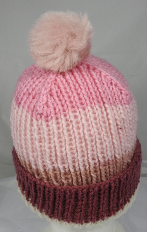 Hand Knitted Women's Striped Winter Hat With Light Pink Pom Pom