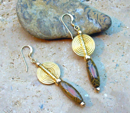 Download Dyed Bamboo Bead Earrings with Vermeil Gold Discs and Gold Filled Beads...