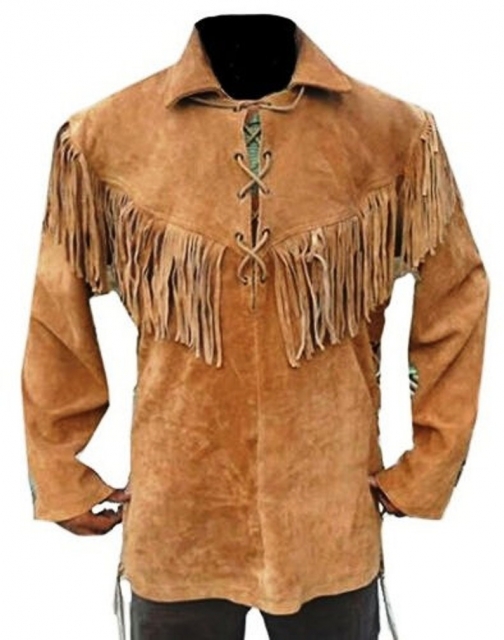 Mens Brown Suede Western Cowboy Fringed Leather Shirt 0360