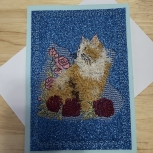 Embroidered Cat Greeting Card  Whimsical Floral Design
