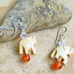 Trunk Up Elephant Carved Bone Beads with Swarovski Crystals Earrings