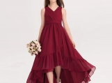 Dark Red Chiffon Hi-lo Flower Girl Dress 