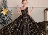 Black Sequins Lace One Shoulder Flower Girl Dress Formal Dress