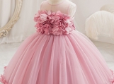 Pink Handmade Flowers Tulle Flower Girl Dress Birthday Dress