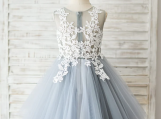 Princess Ivory Lace Gray Tulle Wedding Flower Girl Dress