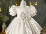 White Bow Flowers Girl Dress Birthday Party Dress 