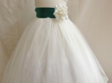 A-line White Tulle Flower Girl Dress Hunter Green Sash 