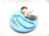 Baby boy with rosary & blue base baptism christening cake topper
