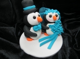 Teal bride & groom penguins wedding / anniversary cake topper