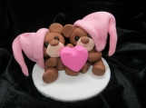 Twin girl teddy bears in pink nite caps figurine / cake topper