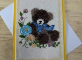 Embroidered Teddy Bear Greeting Card  Handmade Fiber Art Card