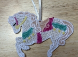Pastel Carousel Horse Ornament  Machine Embroidered Lace Style 