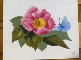 Pink Blossom with Blue Butterfly  Hand-Painted Floral Oil Paint