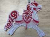 Red & Pink Lace Carousel Horse Ornament  Embroidered Pony Decor