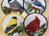 Embroidered Bird Coaster Set  Cardinal, Blue Jay, Goldfinch & C
