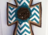 Teal Blue Chevron and Natural, Brown Burlap Cross Door Hanger