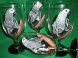 Hand painted  african gray parrots ice tea glasses. set/4     