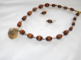 24"  Wooden Bead Necklace w/ Natural Seashell Pendant & Earrings