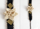 creme and black bracelet,floral bracelet,crochet bracelet,  