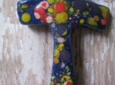 Handmade Cross formed out of clay painted and fired pendant only