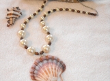 30" Pearl and Wooden Bead Necklace w/ Natural Shell Pendant 