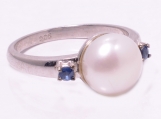 925 Sterling Silver Pearl & Blue sapphire Gemstone Ring