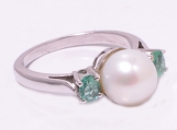 925 Sterling Silver Pearl & Emerald Gemstone Ring