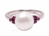 925 Sterling Silver Pearl & Ruby Gemstone Ring