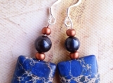 Dark Blue Imperial Jasper and Pearl Dangle Earrings