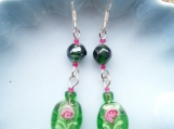 Green Floral Lampwork Bead Dangle Earrings