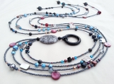 Hematite Gray with Periwinkle & Pink Beaded Multi Strand Lariat