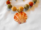 22" multi-colored Wood Beads with Shell pendant & Earrings